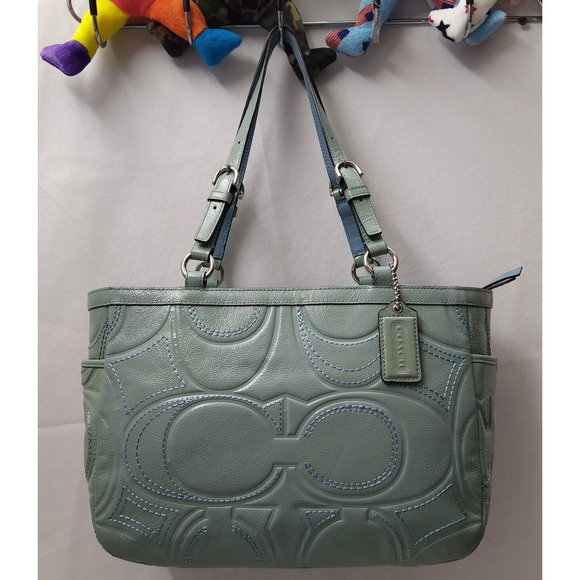 Coach Blue Patent Leather Signature C Embossed Double Handles Pockets Tote Bag - Picture 4 of 16
